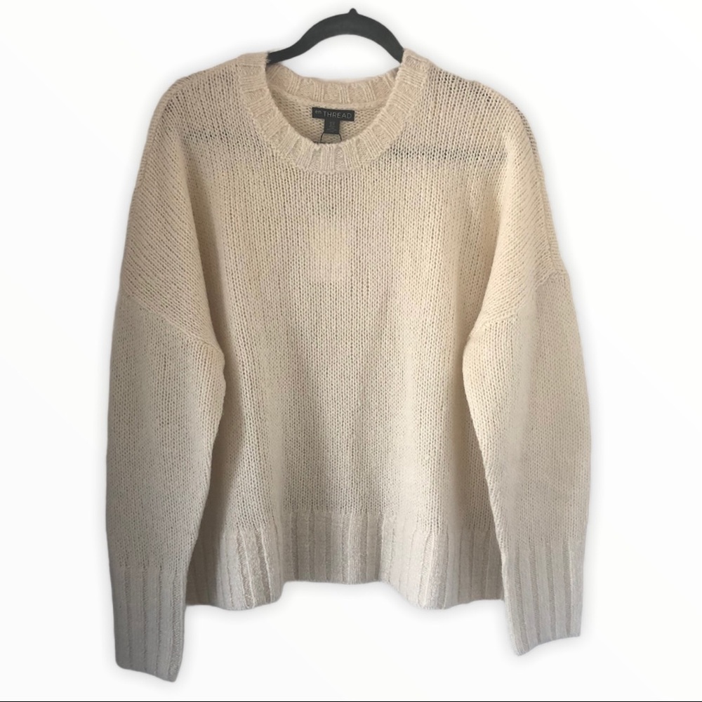En Thread Womens Knit Crew Neck Sweater Cream Ivory Wool Blend Large - Picture 2 of 6